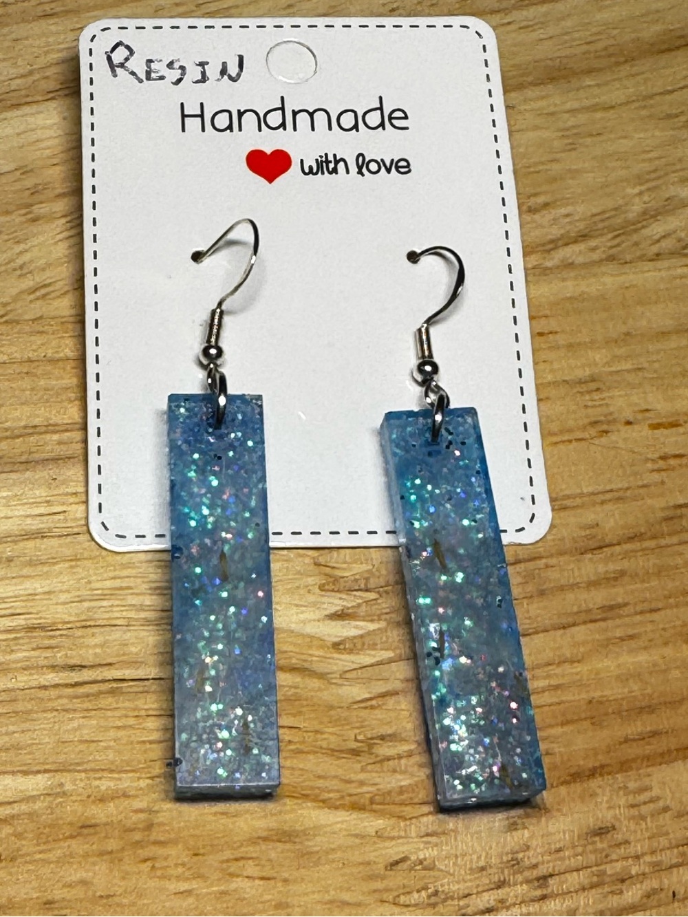 Handmade Blue Dandelion Resin Bar Earrings